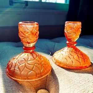 Pink depression glass candlestick holders. Great vintage condition!
